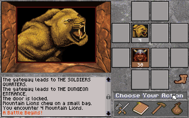 Shadow of Yserbius (DOS) screenshot: In dangerous territory -- attacked by <b>Mountain Lions</b>