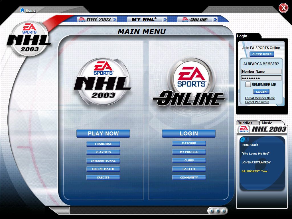 NHL 2003 (Windows) screenshot: Main menu