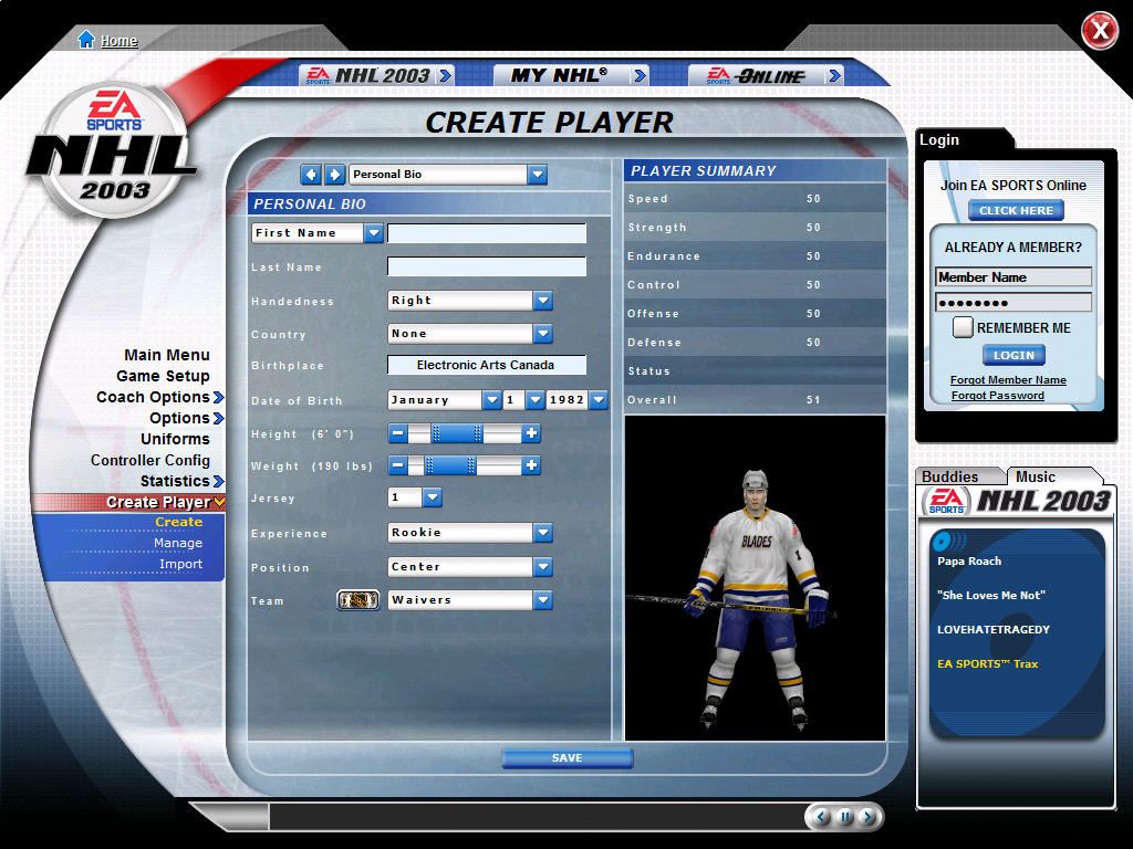 NHL 2003 (Windows) screenshot: You can create your own players.