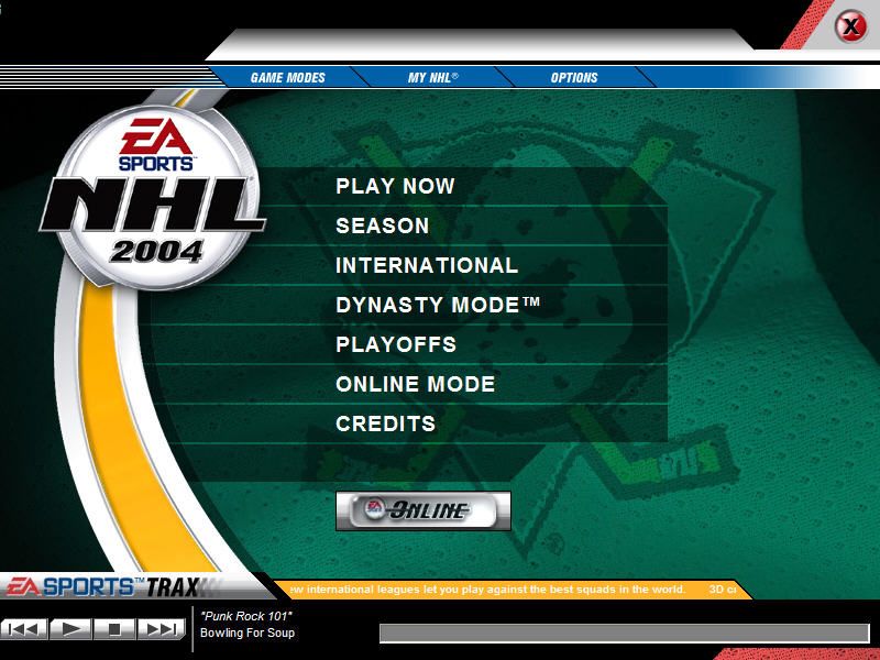 NHL 2004 (Windows) screenshot: Main menu (Anaheim Ducks version)