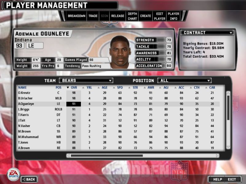 Madden NFL 07 (Windows) screenshot: Player management screen