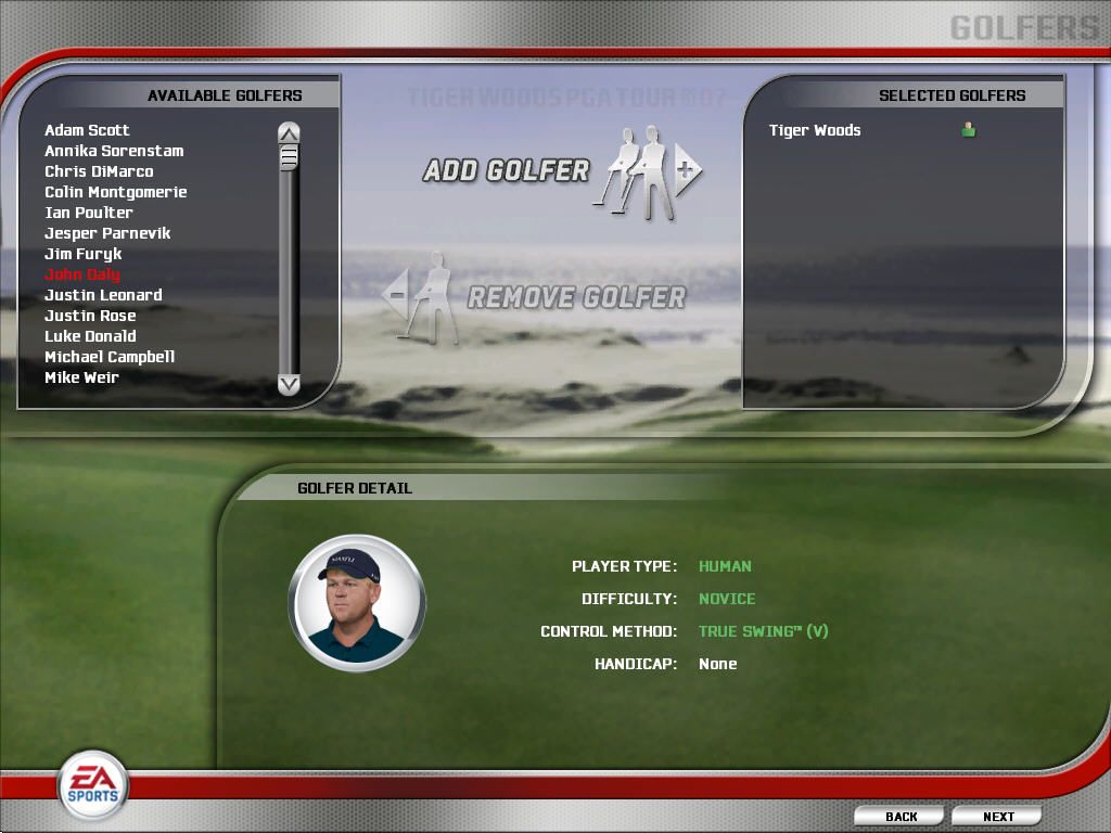 Tiger Woods PGA Tour 07 (Windows) screenshot: Golfer selection screen