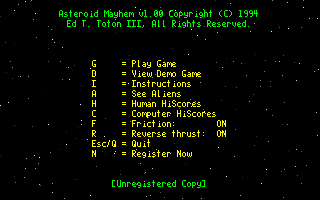 Asteroid Mayhem (DOS) screenshot: The main menu