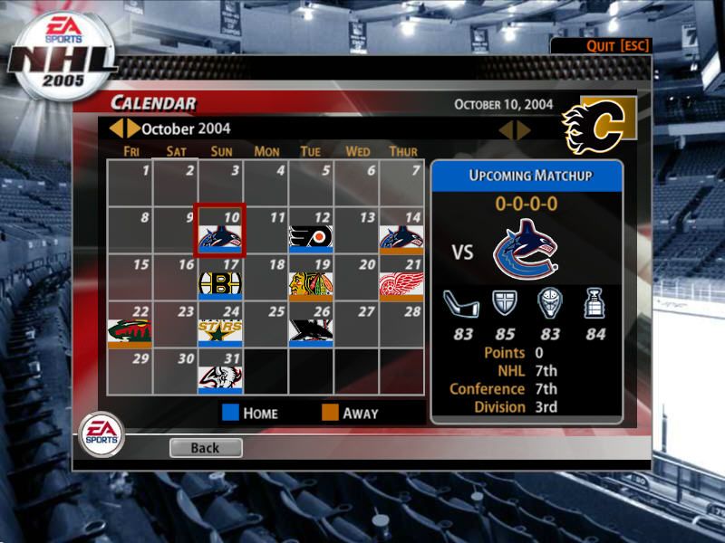 NHL 2005 (Windows) screenshot: Match Calendar