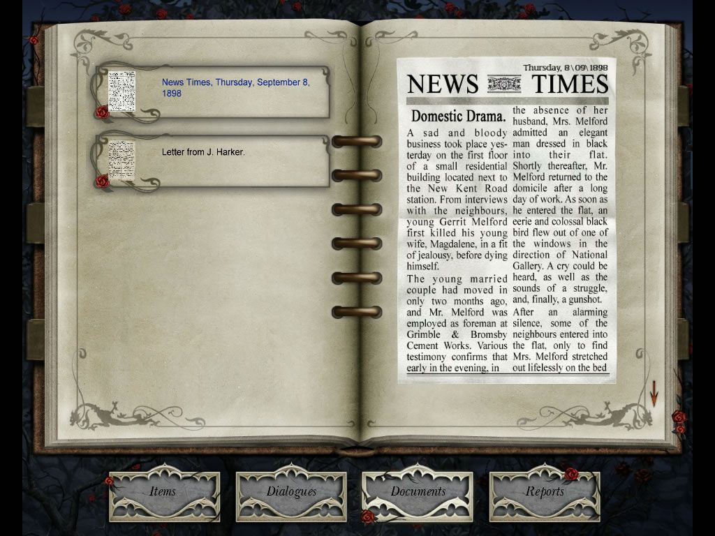 Dracula: Origin (Windows) screenshot: The main logbook with reports, documents, the inventory and transcripts of the conversations.
