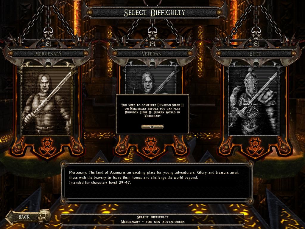 Dungeon Siege II: Broken World (Windows) screenshot: Level Difficulty - Oops.