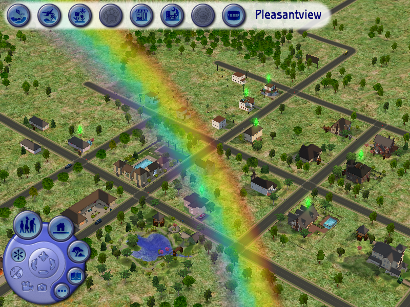 The Sims 2: FreeTime (Windows) screenshot: A rainbow over Pleasantview.