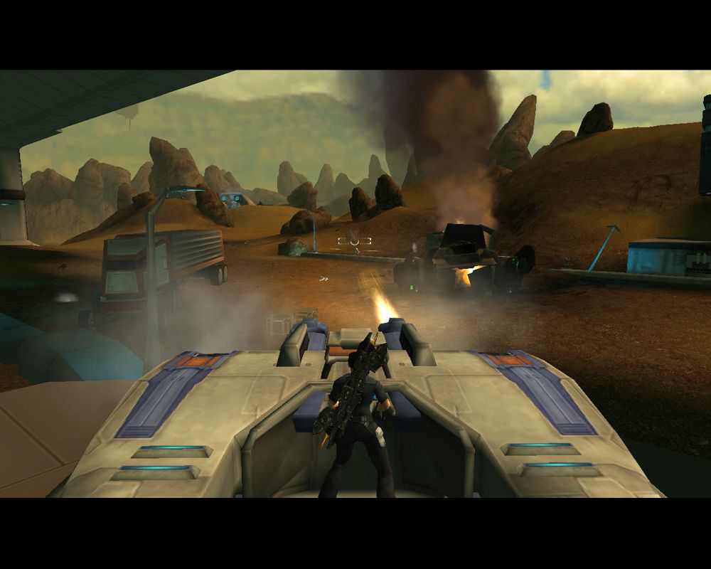 Advent Rising (Windows) screenshot: Firing a space port's defence turret.