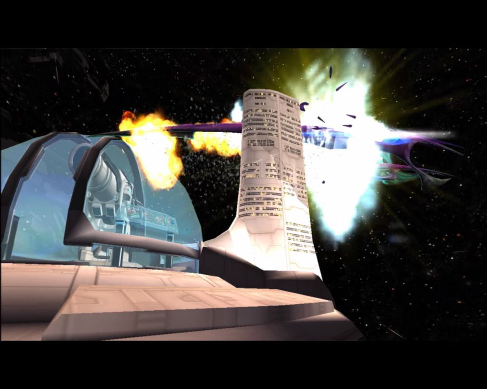 Advent Rising (Windows) screenshot: An alien spaceship hits the space station.