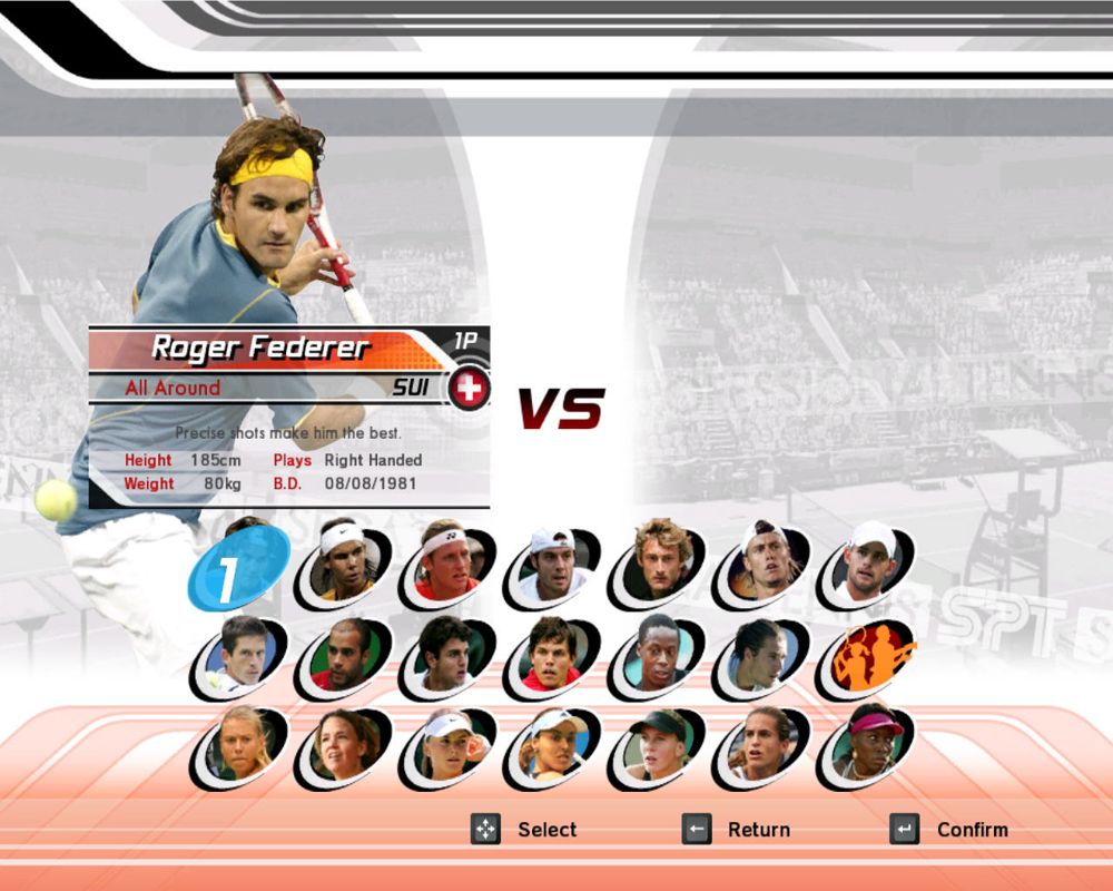 Virtua Tennis 3 (Windows) screenshot: Choose your favorite player
