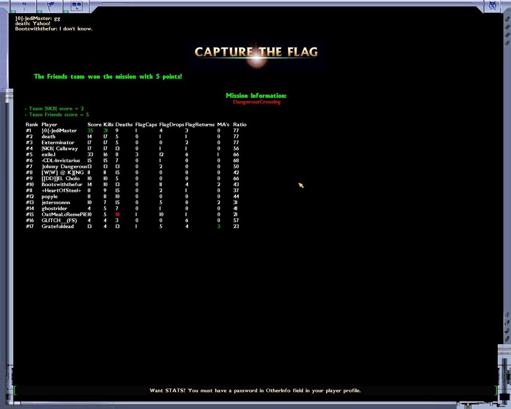 Starsiege: Tribes (Windows) screenshot: Statistics