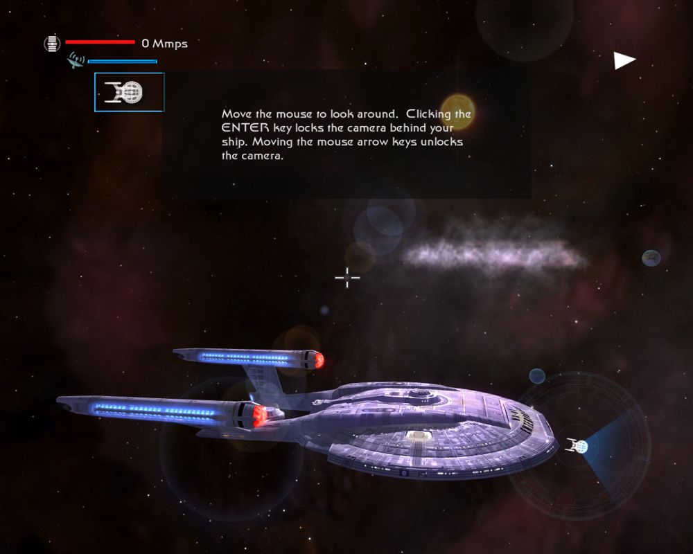 Star Trek: Legacy (Windows) screenshot: In your first mission, you get hints about what to do.