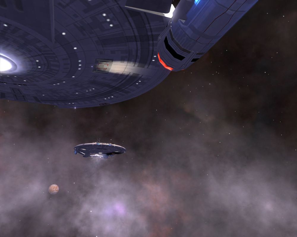 Star Trek: Legacy (Windows) screenshot: Two federation ships inside a nebula