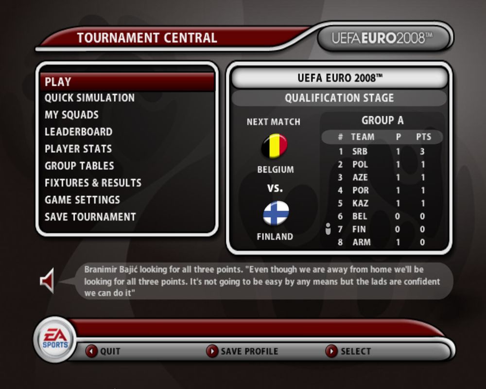 UEFA Euro 2008 (Windows) screenshot: Tournament central