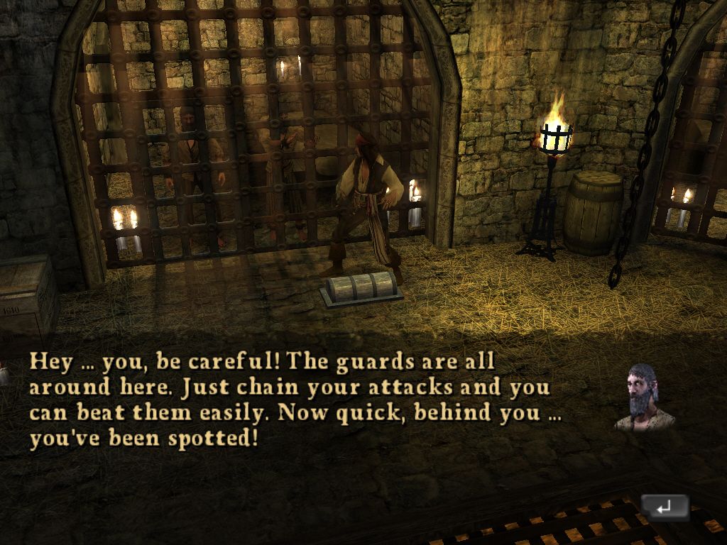 Disney Pirates of the Caribbean: At World's End (Windows) screenshot: Other prisoners gives jack a hint