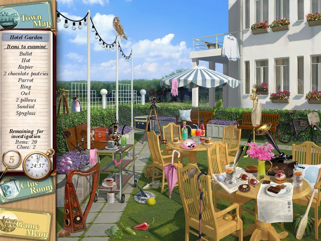 Agatha Christie: Peril at End House (Windows) screenshot: Seeking the items in Hotel Garden