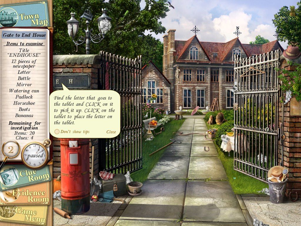 Agatha Christie: Peril at End House (Windows) screenshot: Tip to find necessary letters at Gate to End House
