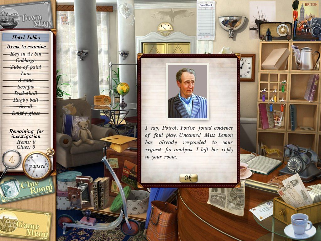 Agatha Christie: Peril at End House (Windows) screenshot: Hastings tells that you have found a clue in Hotel Lobby, which may be examined by Miss Lemon