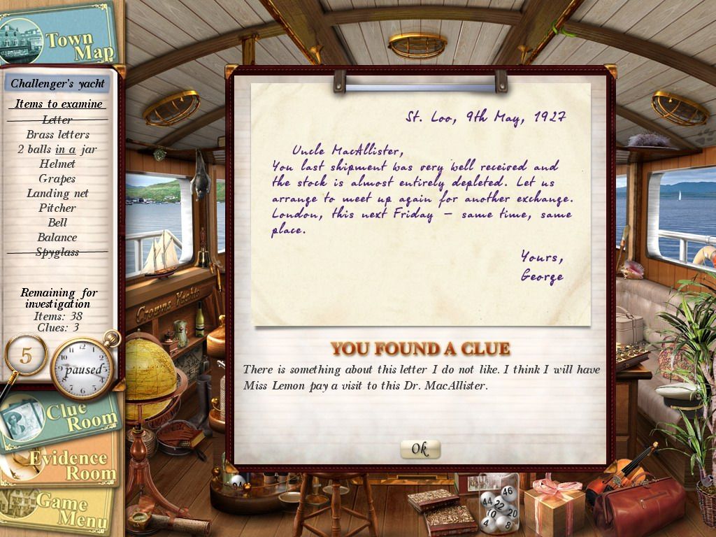 Agatha Christie: Peril at End House (Windows) screenshot: One of many letters found in the game, this time found in Challenger's yacht