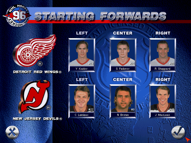NHL 96 (DOS) screenshot: Starting forward lineups