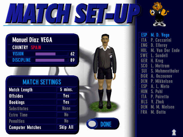 UEFA Euro 96 England (DOS) screenshot: Match Set-up screen
