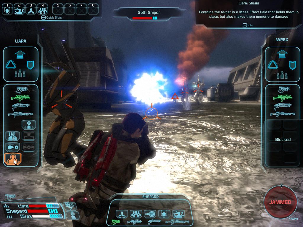 Mass Effect (Windows) screenshot: Pausing the combat to issue precise orders to party members.