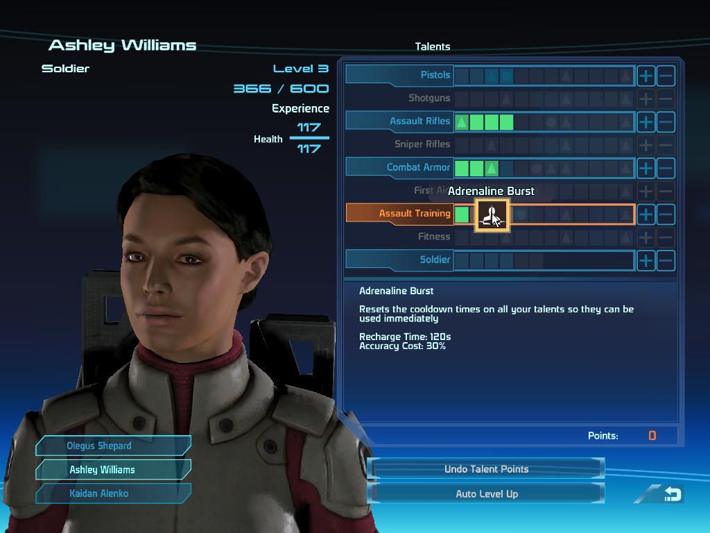 Mass Effect (Windows) screenshot: Character information, stats and powers