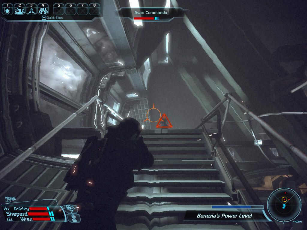 Mass Effect (Windows) screenshot: As you are aiming at the asari commando, she uses a biotic power on you, distorting your vision.