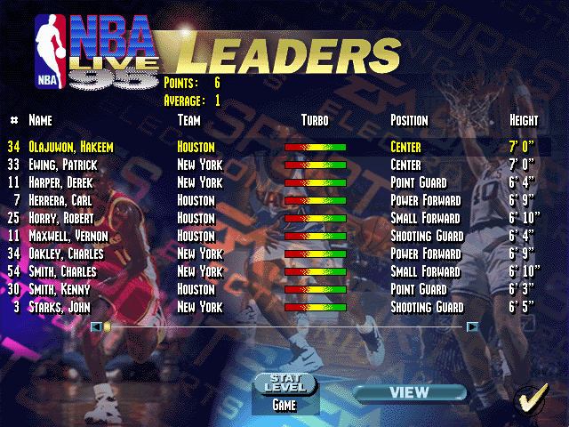 NBA Live 95 (DOS) screenshot: Leaders list