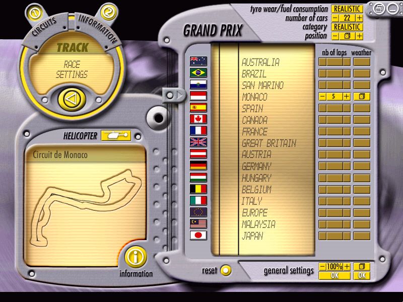 F1 World Grand Prix (Windows) screenshot: Track selection screen
