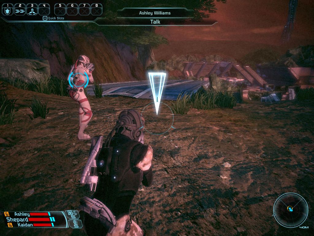 Mass Effect (Windows) screenshot: You can give your party members general orders, such as having them move forward, covering you.