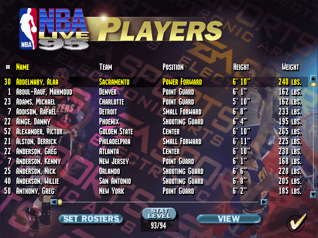 NBA Live 95 (DOS) screenshot: Players list