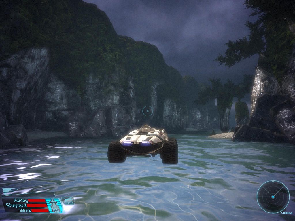 Mass Effect (Windows) screenshot: Navigating the mako (a cross between a car and a tank) through some lush environments.