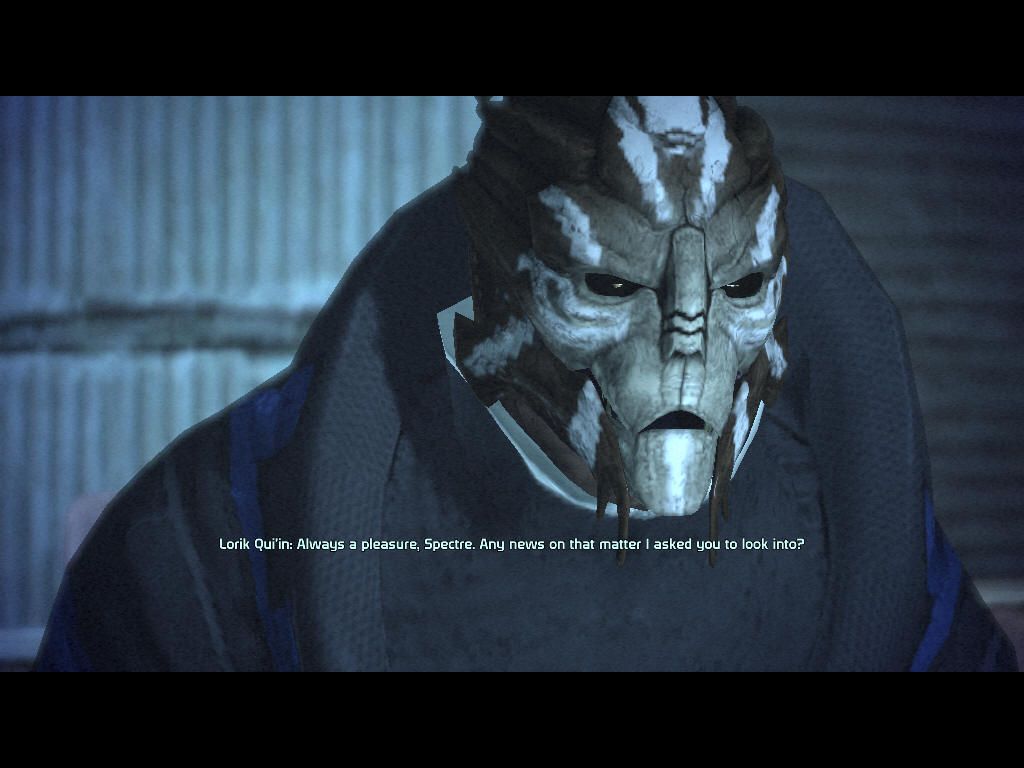 Mass Effect (Windows) screenshot: Talking to a turian patron in a bar on Noveria.