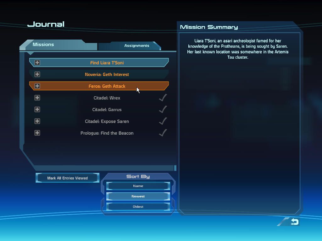 Mass Effect (Windows) screenshot: Your journal keeps track of quests.