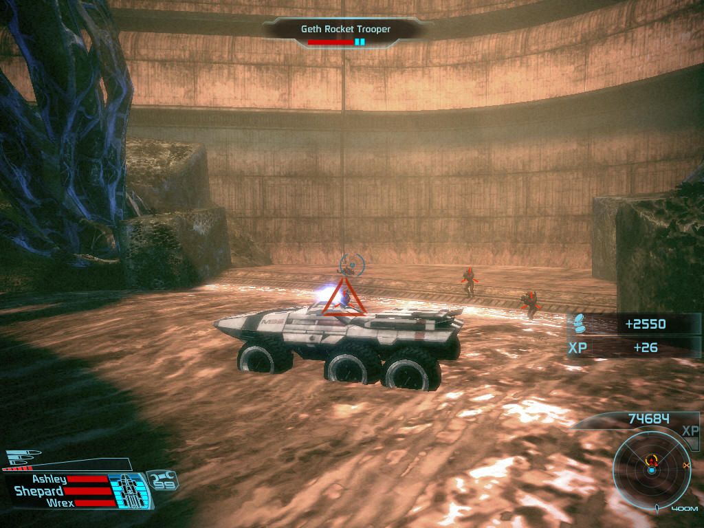 Mass Effect (Windows) screenshot: Using your mako's mounted machine gun to kill the pesky geth soldiers.