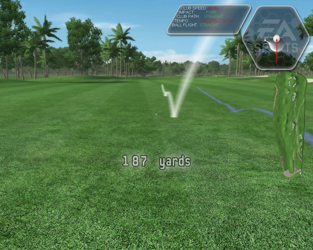Tiger Woods PGA Tour 08 (Windows) screenshot: Blue and white line shows your previous practise shots.