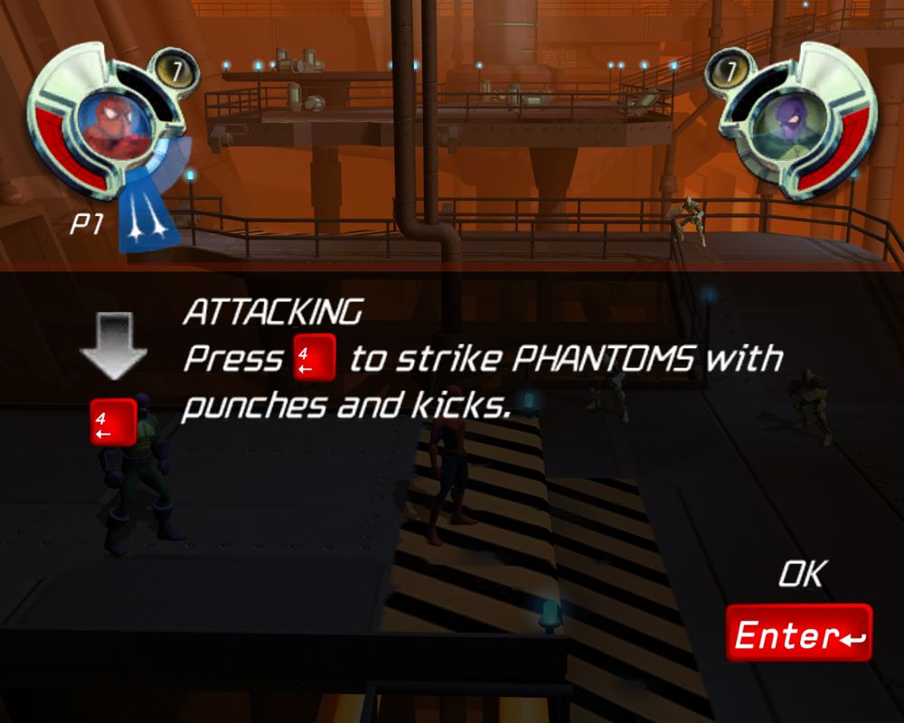 Spider-Man: Friend or Foe (Windows) screenshot: The computer tells you how to fight.