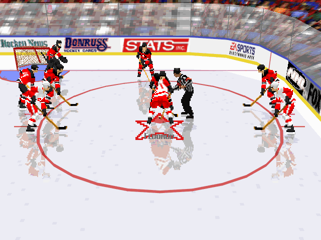 NHL 96 (DOS) screenshot: Face off at New Jersey defence zone