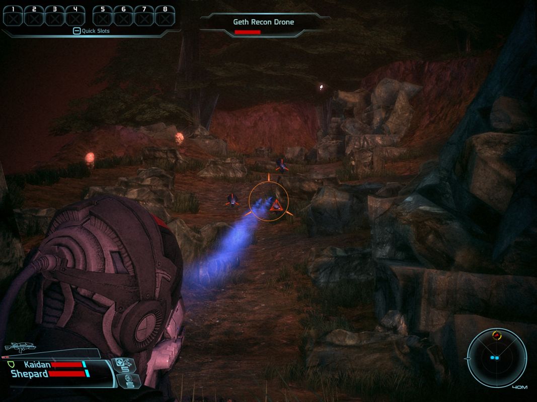 Mass Effect (Windows) screenshot: Fighting some automatic flying bots.