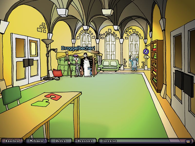 Edna & Harvey: The Breakout (Windows) screenshot: The lounge of the asylum. The tent houses the king of the lounge.