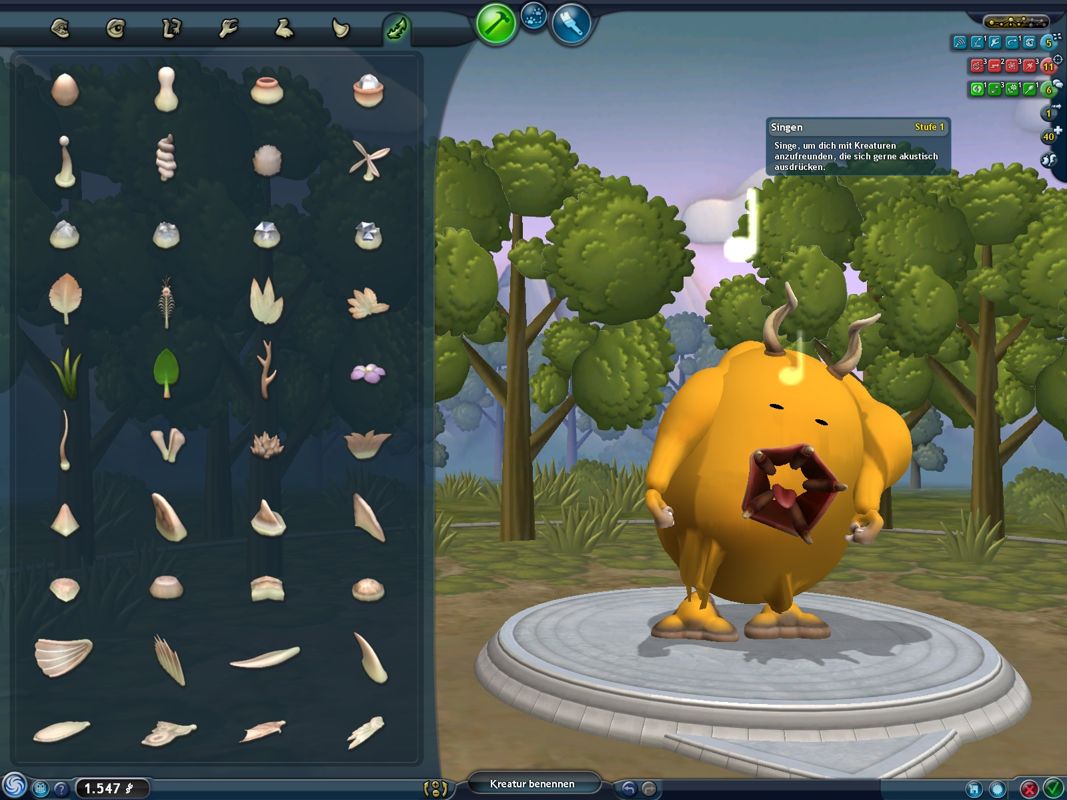 Spore Creature Creator (Windows) screenshot: Testing the singing animation.