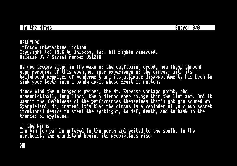 Ballyhoo (Amstrad CPC) screenshot: Opening screen/starting location