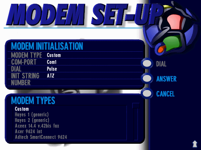 UEFA Euro 96 England (DOS) screenshot: Modem set-up screen