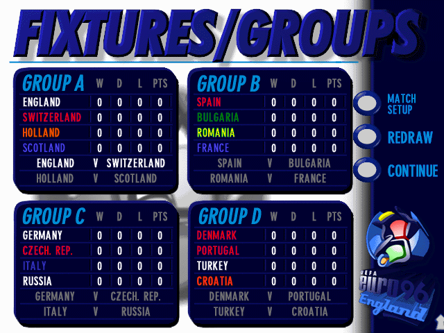UEFA Euro 96 England (DOS) screenshot: Fixtures/Groups screen