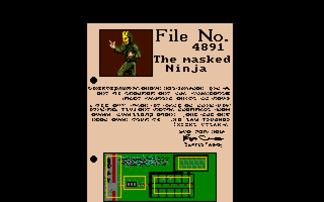 Shinobi (Amiga) screenshot: File on the masked ninja