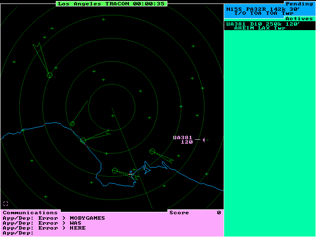 Tracon: Air Traffic Control Simulator (DOS) screenshot: Type in commands to plan routes for airplanes and divert traffic.