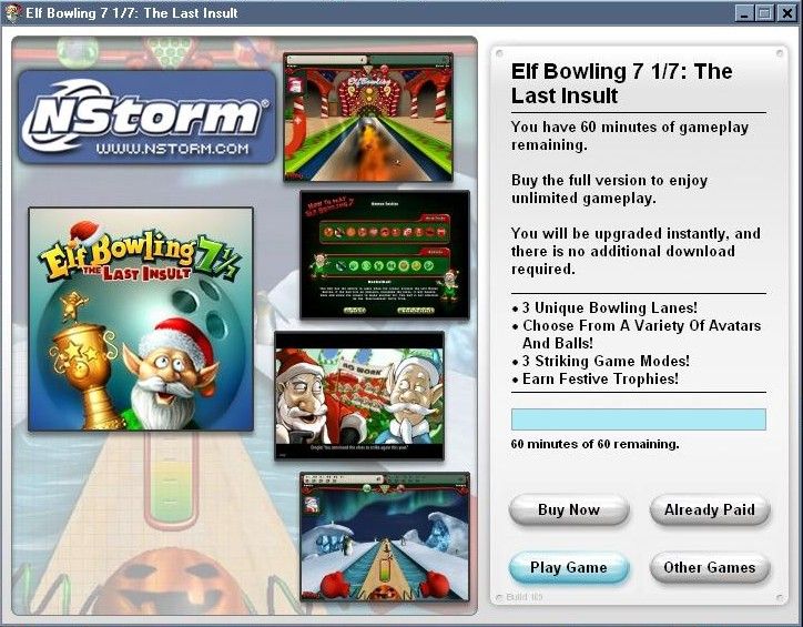 Elf Bowling 7 1/7: The Last Insult (Windows) screenshot: This is the screen you get on an unregistered copy.