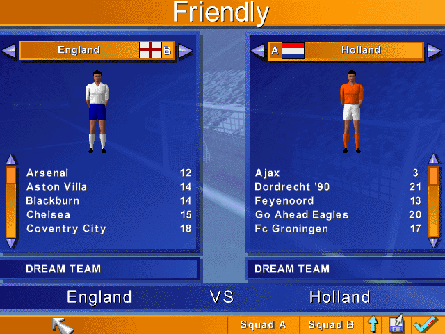 Kick Off 96 (DOS) screenshot: Team selection in friendly mode