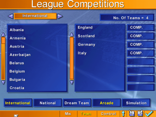 Kick Off 96 (DOS) screenshot: League Competitions screen